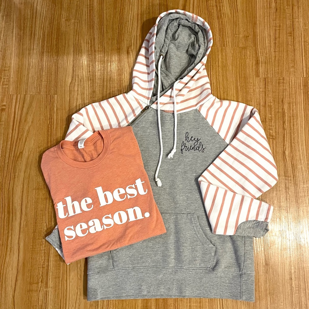 Hey Friends(featured on Drew Barrymore Show)Double Hooded Sweatshirt & tee.